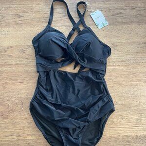 Eomenie Black MEDIUM Cutout Wrap Tie Back One Piece Swimsuit E